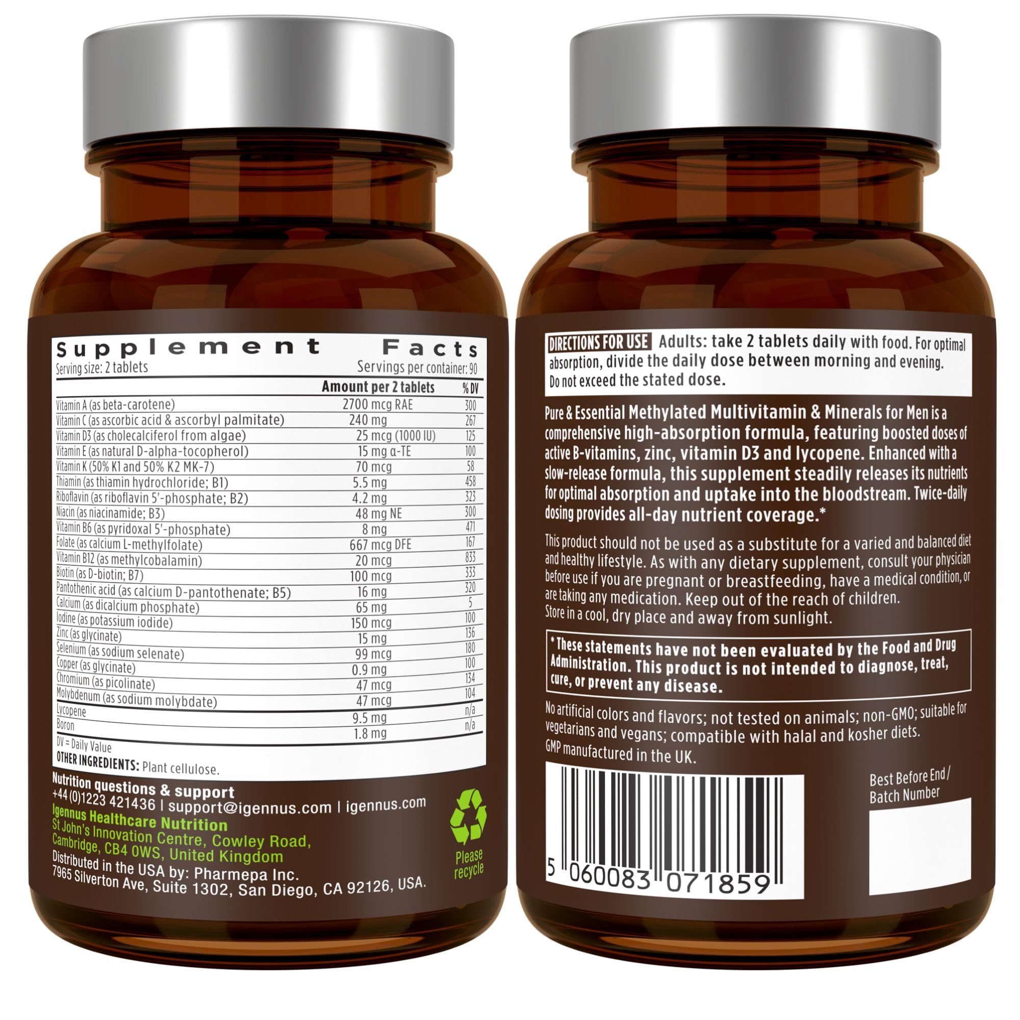 Igennus Methylated Men's Multivitamin nutrition facts panel provides key details