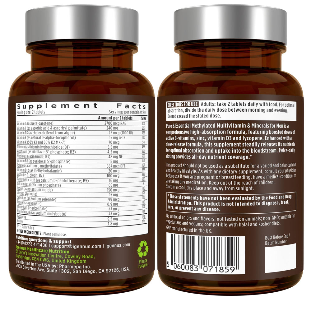 Igennus Methylated Men's Multivitamin nutrition facts panel provides key details