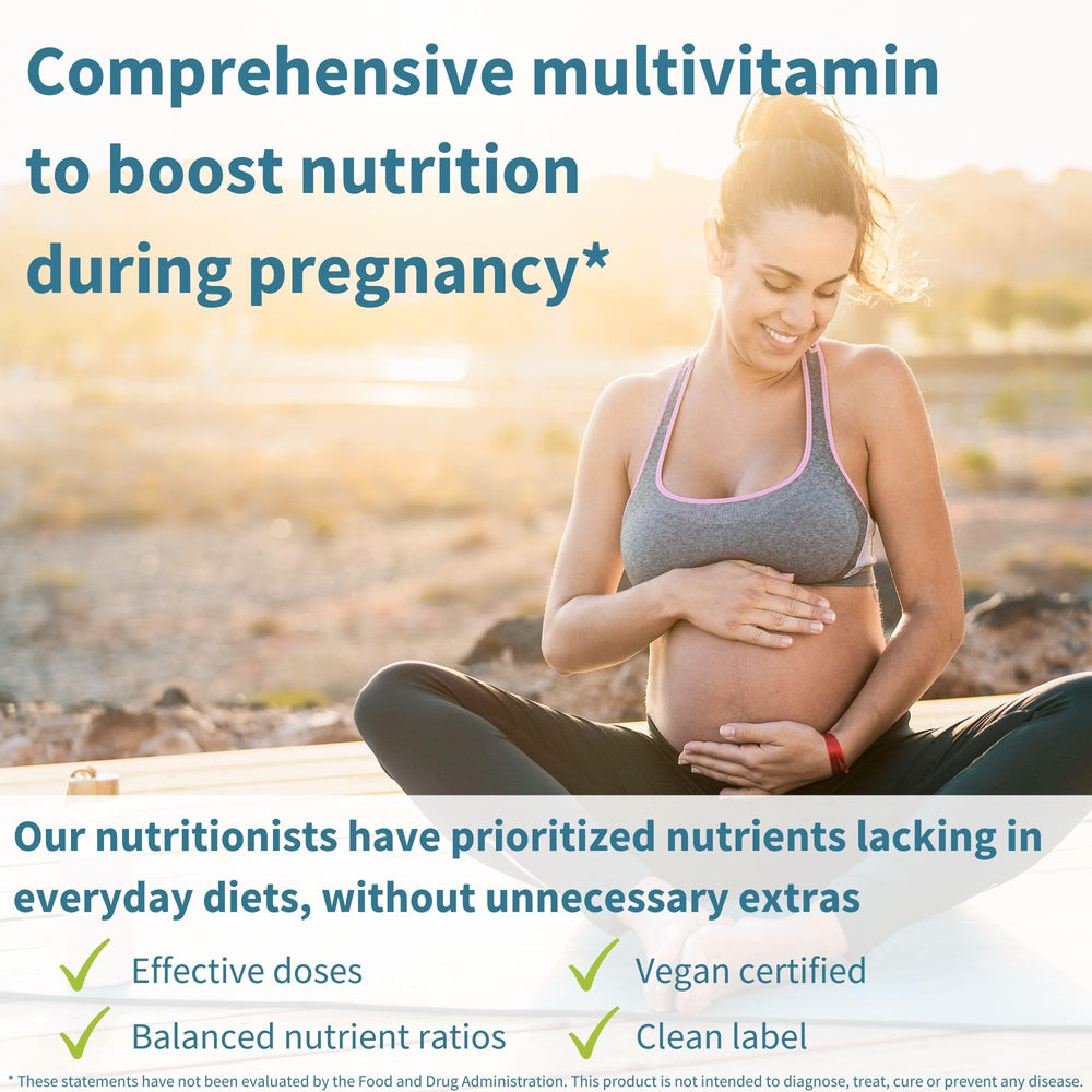 Open Igennus prenatal bottle shows two small tablets for all-day coverage.