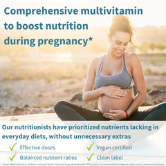Open Igennus prenatal bottle shows two small tablets for all-day coverage.