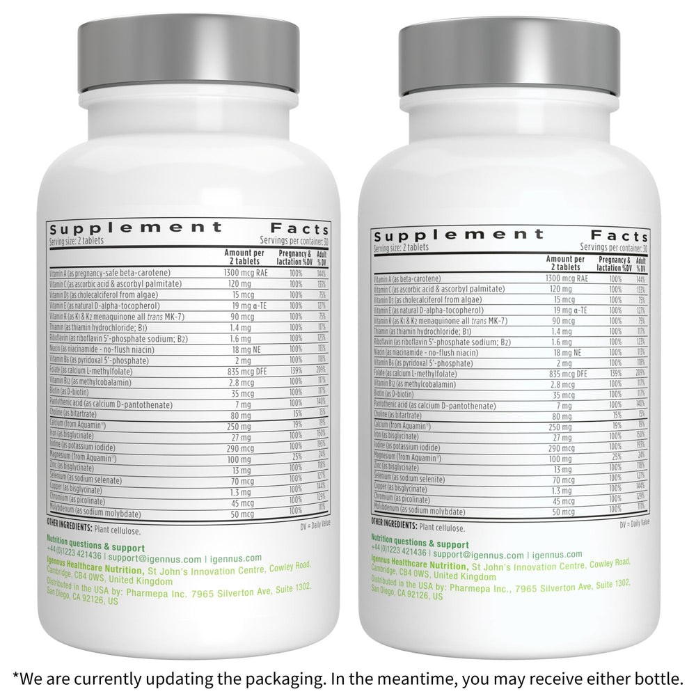 Purity testing mark on Igennus prenatal packaging underscores lab-verified ingredients.