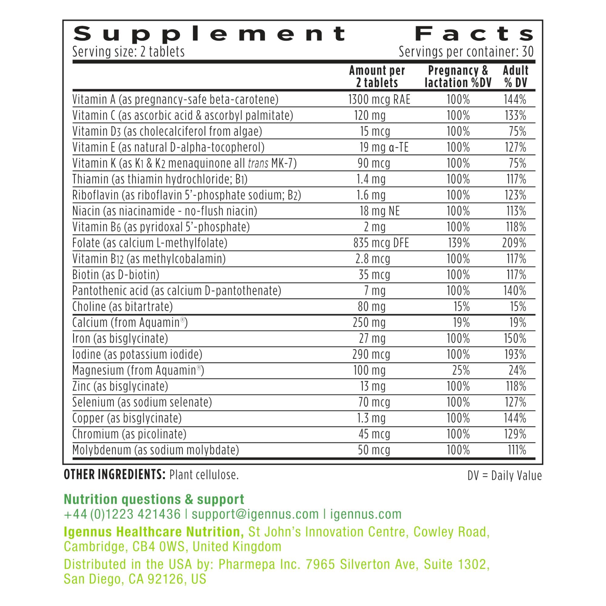 In-hand Igennus prenatal tablets illustrate convenient daily dosage.