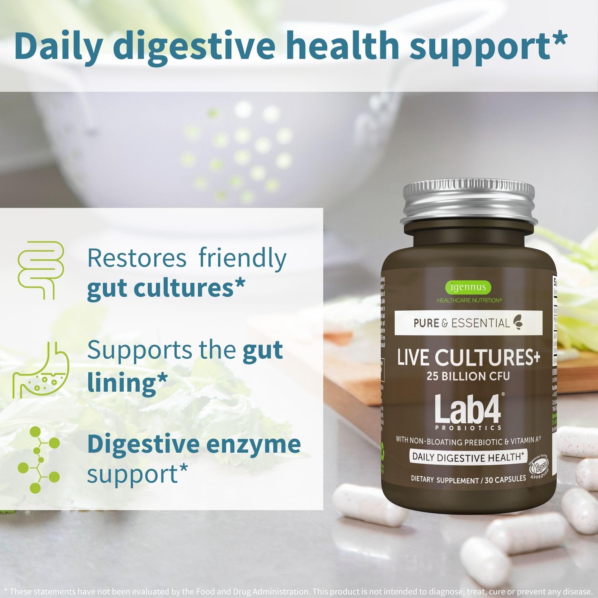 Igennus capsules close-up highlighting Lab4 strains for gut balance