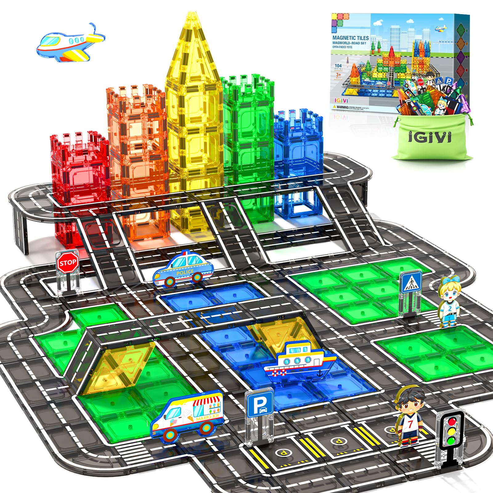 IGIVI 104-piece magnetic road set with vibrant blocks for creative city building