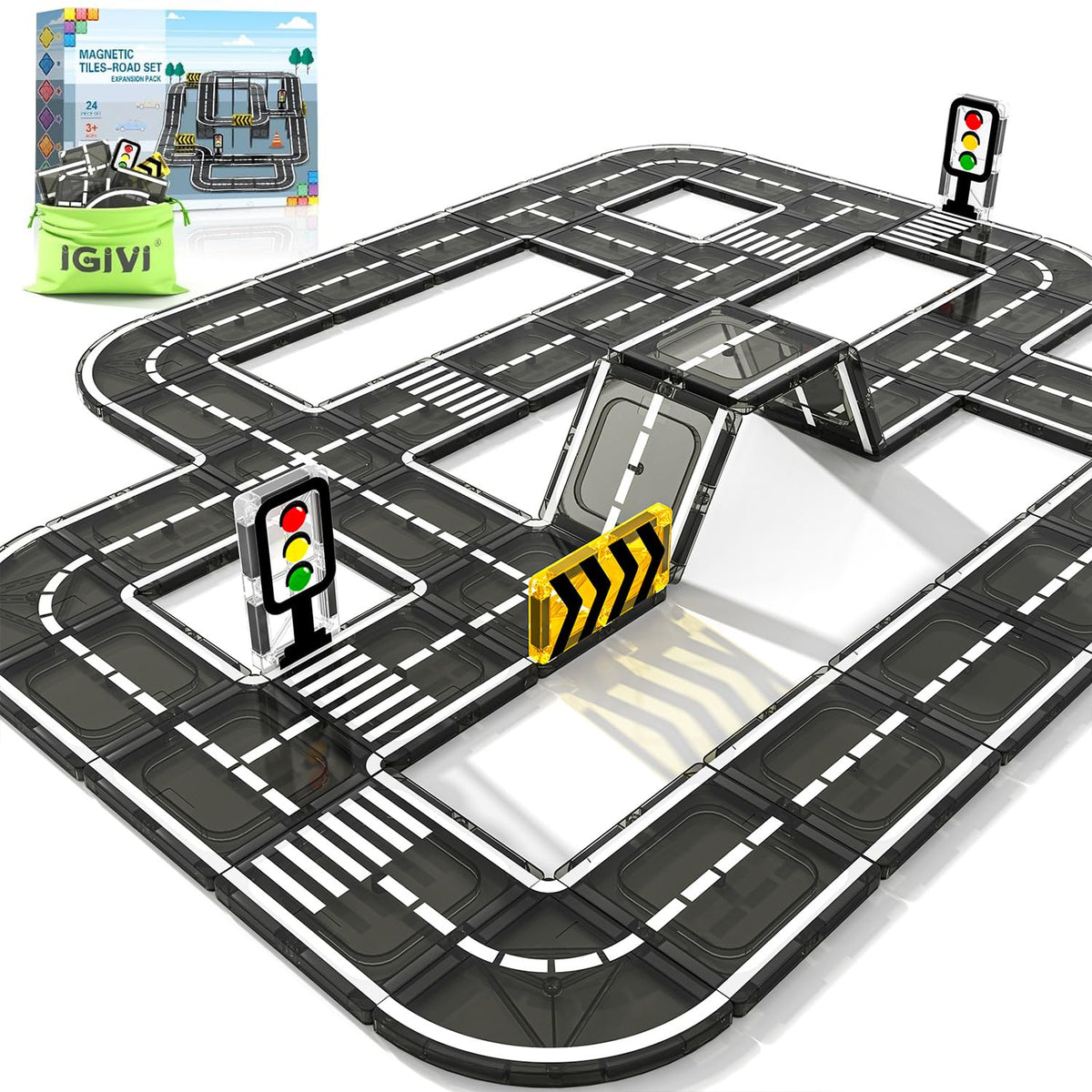 IGIVI magnetic road tiles arranged for imaginative play and fine motor skill development.