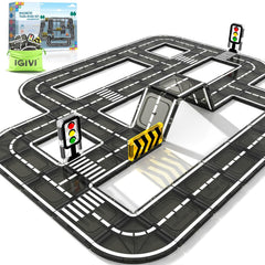 IGIVI magnetic road tiles arranged for imaginative play and fine motor skill development.