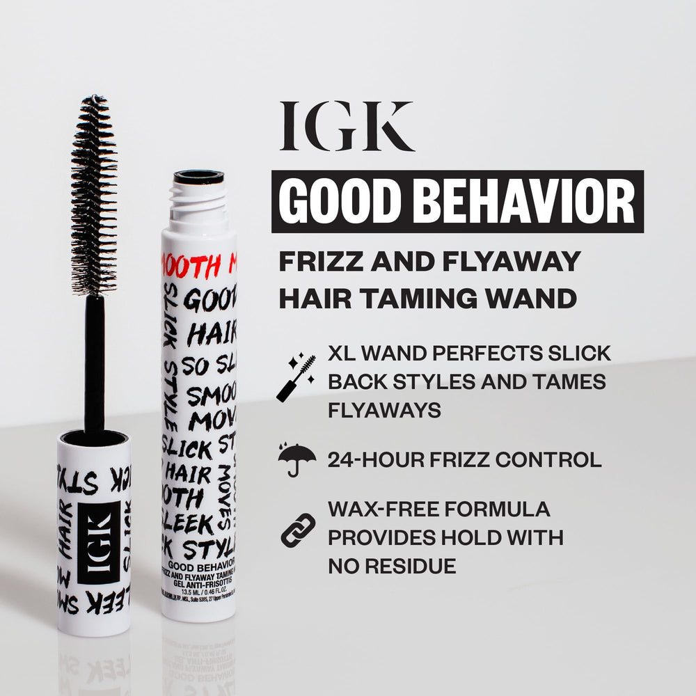 IGK Good Behavior mascara-style wand closeup shows precise targeting along hairline and parts.