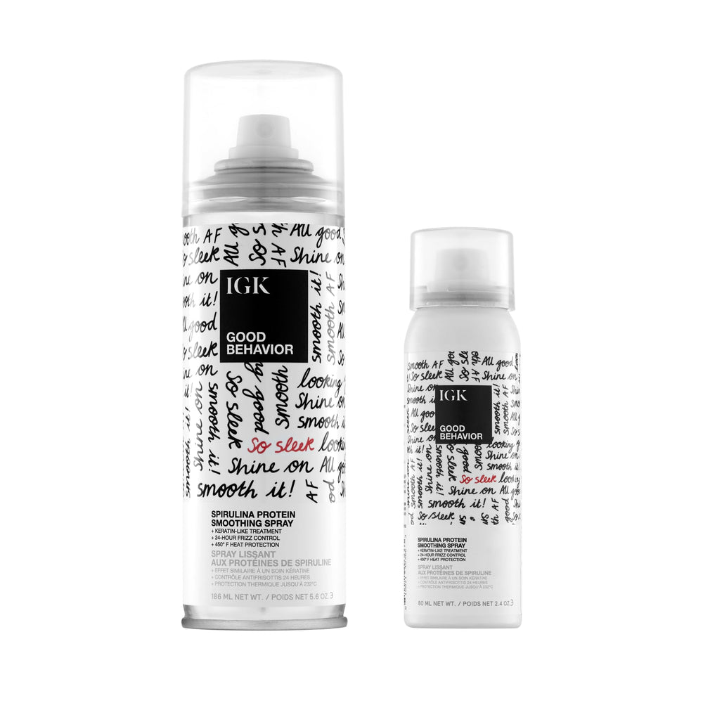 IGK GOOD BEHAVIOR spray bottle demonstrates keratin-like smoothing and frizz control.