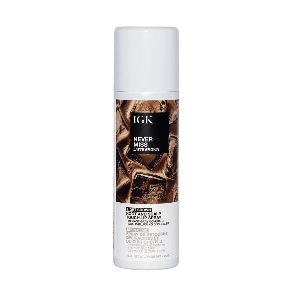 IGK Never Miss Root & Scalp Spray bottle applying light brown shade for quick gray root coverage