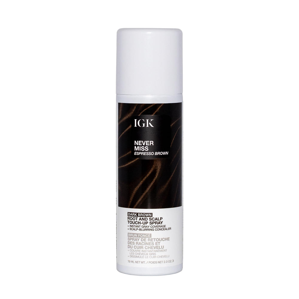 IGK Never Miss gray coverage spray for natural-looking root correction on dark brown hair.