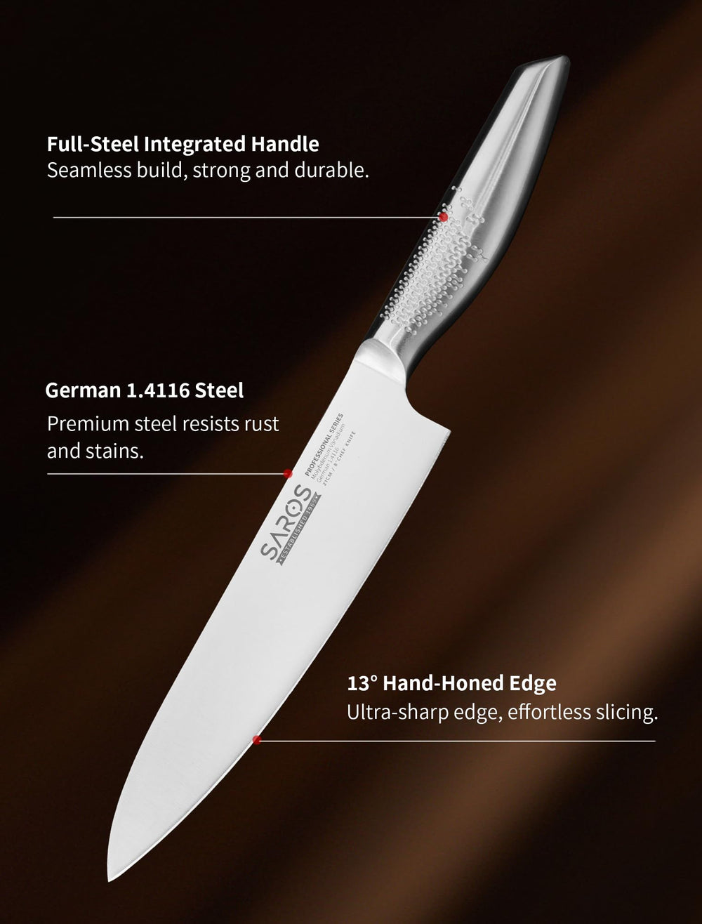 IGNITED CUTLERY all-steel anti-slip handle for secure balance