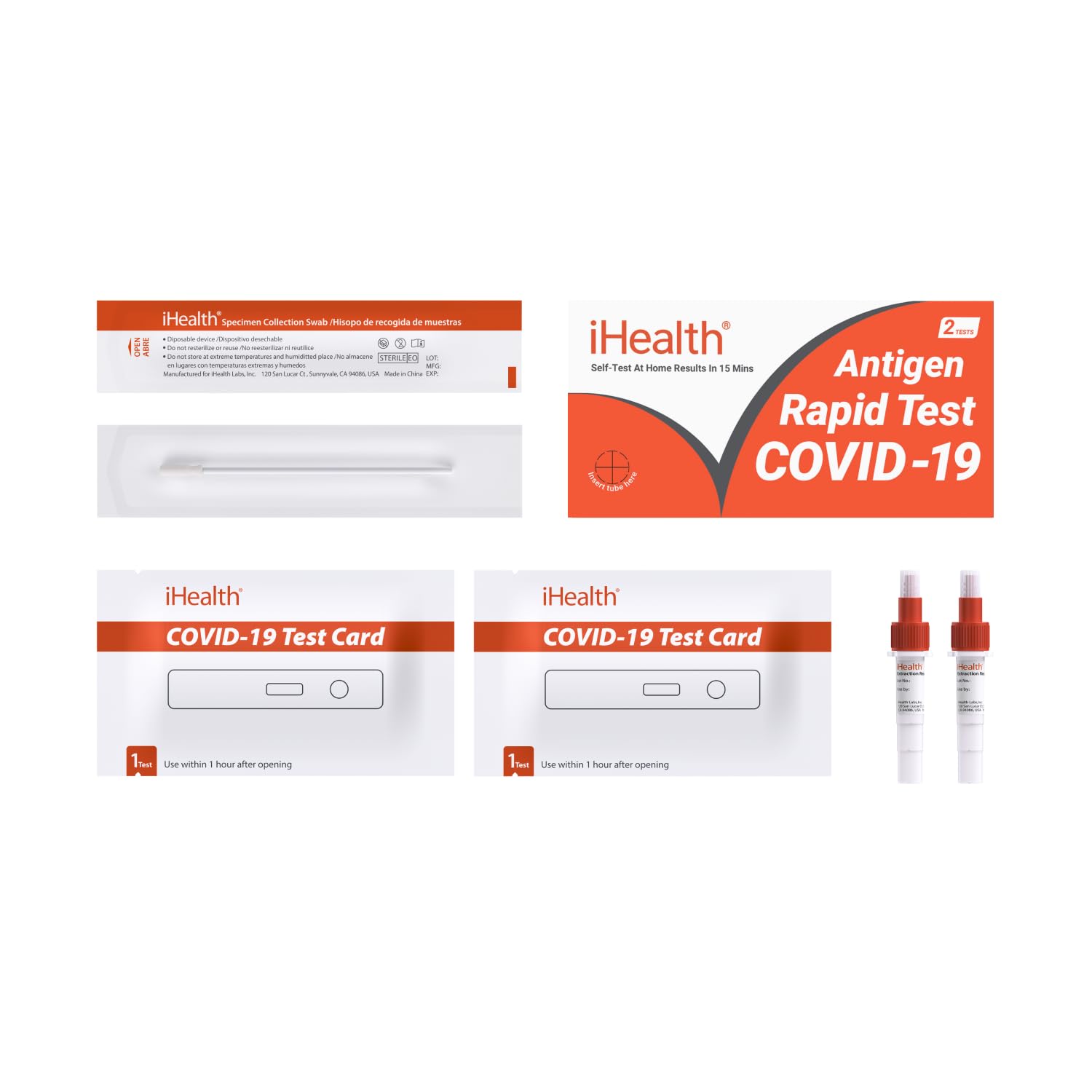 iHealth COVID-19 Antigen Rapid Test kit contents include two tests