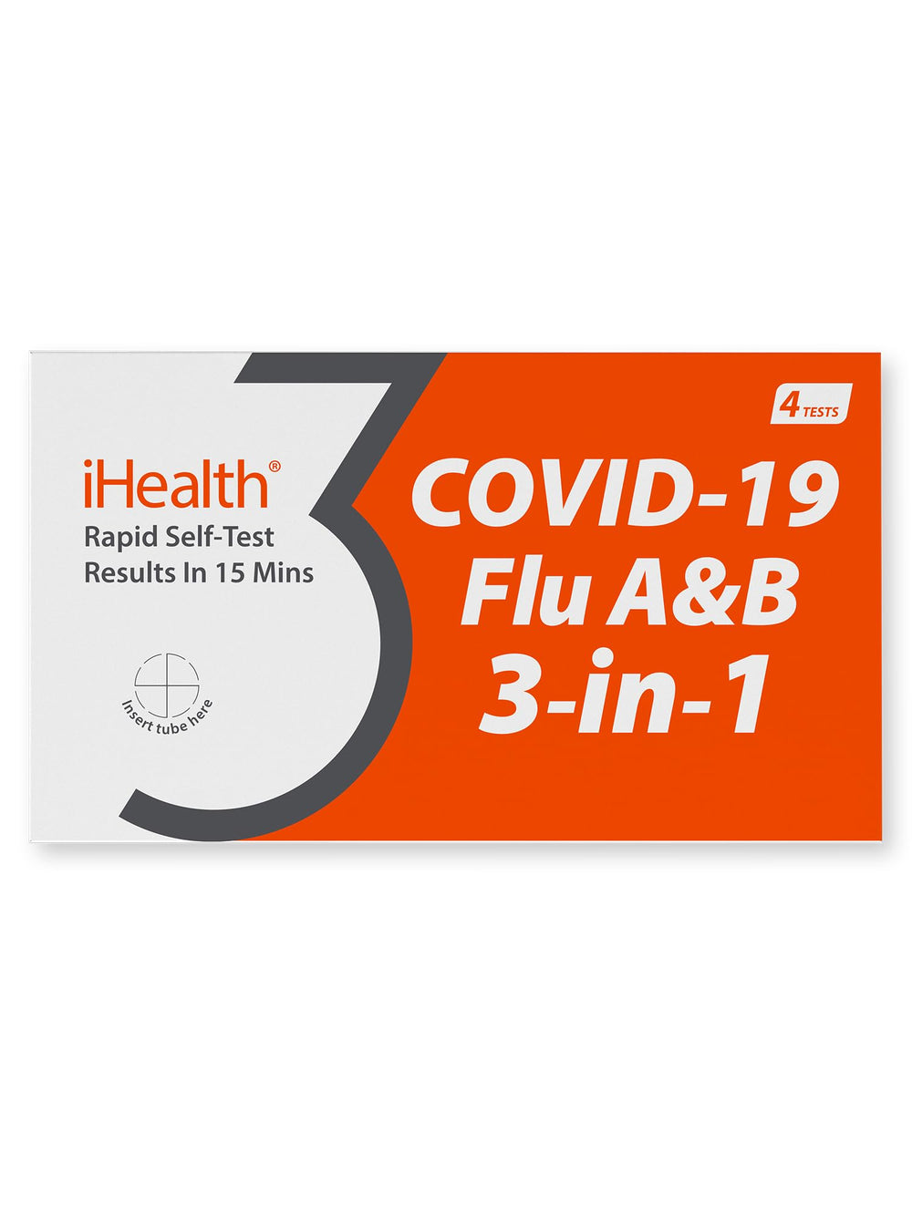 iHealth 3-in-1 COVID-19 and Flu A&B kit box front for home testing.