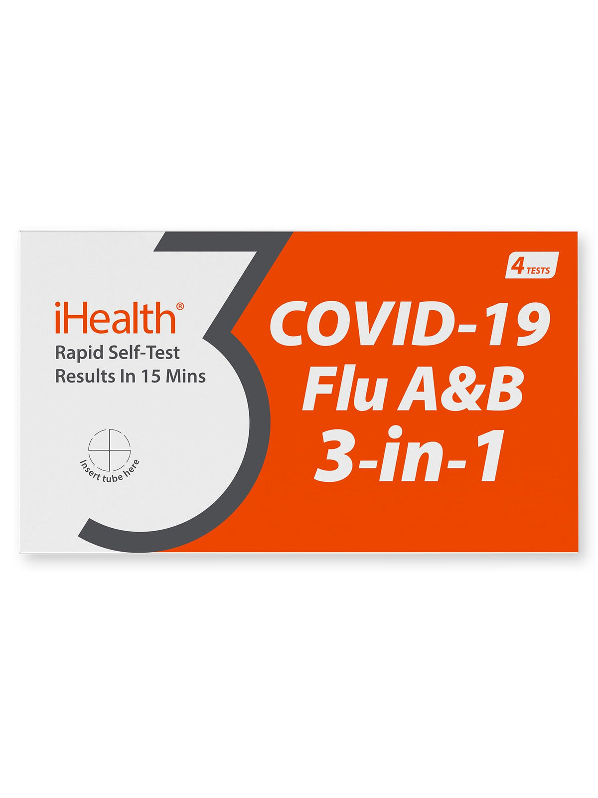 iHealth 3-in-1 COVID-19 and Flu A&B kit box front for home testing.
