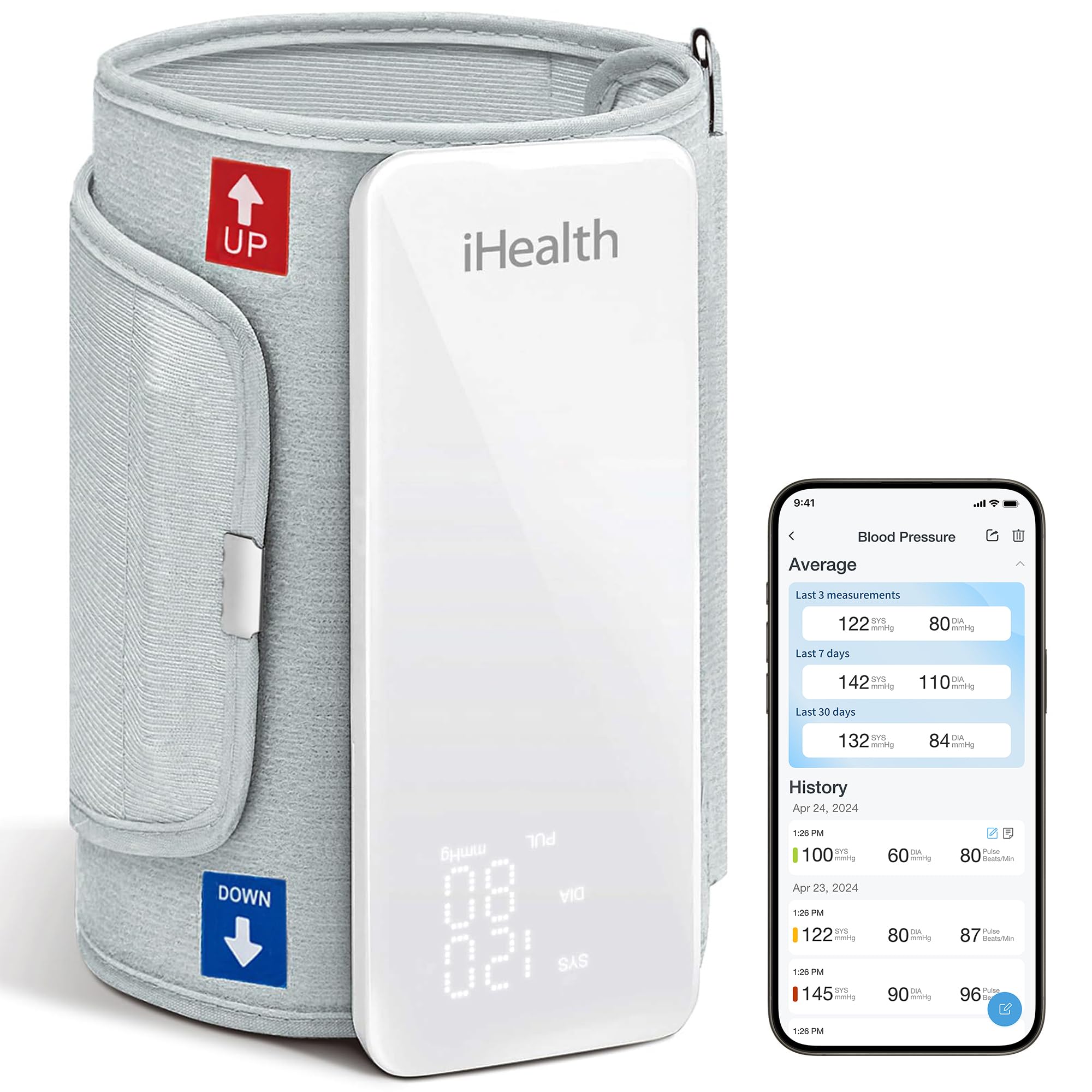 iHealth Neo wireless blood pressure monitor front view with quick readings on the large display.