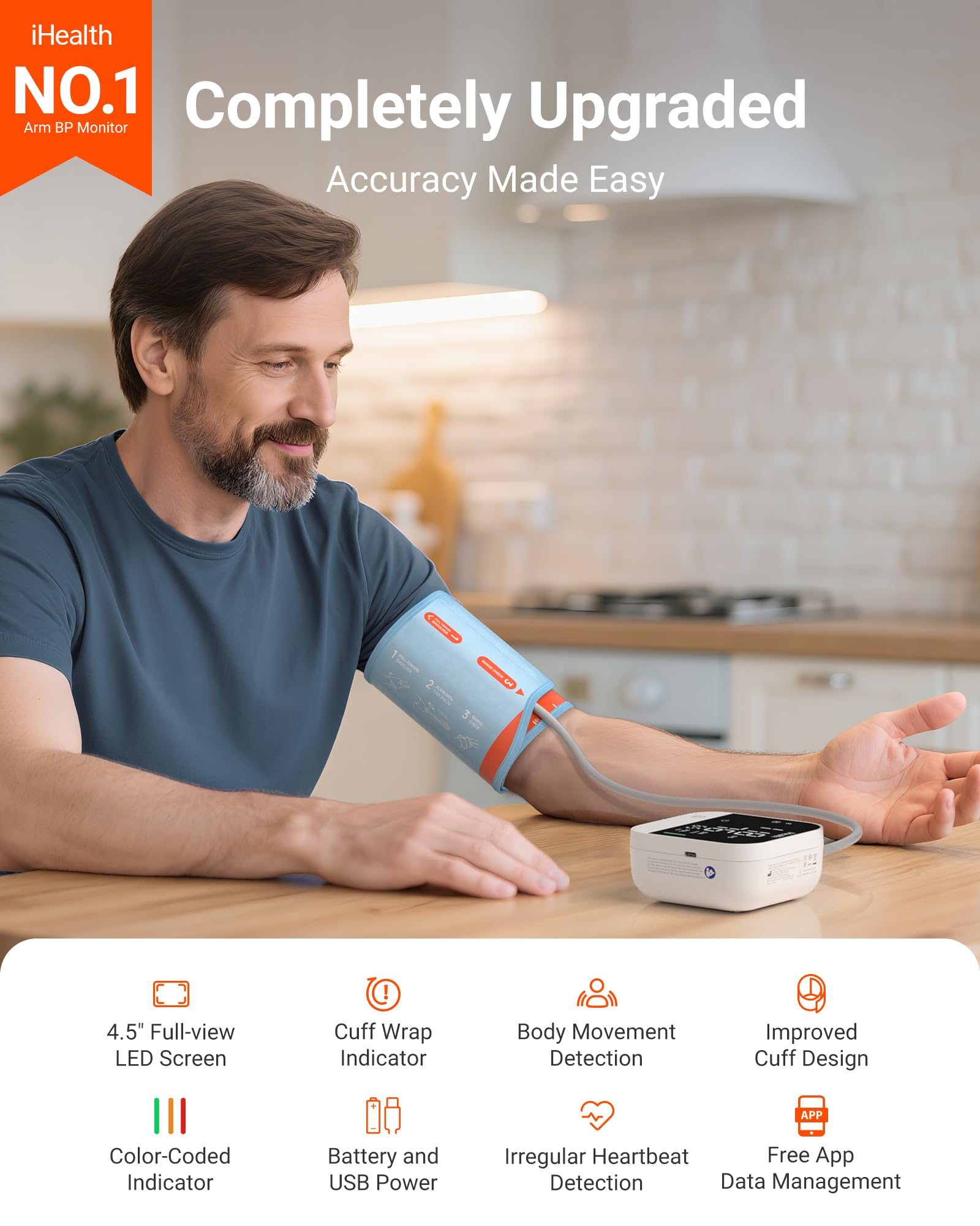 iHealth Track Pro one touch operation enables easy measurement with automatic cuff inflation.