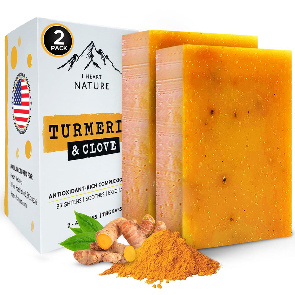 iHeart Nature Turmeric Bar Soap 2-Pack packaging highlights eco-friendly branding and cruelty-free values.