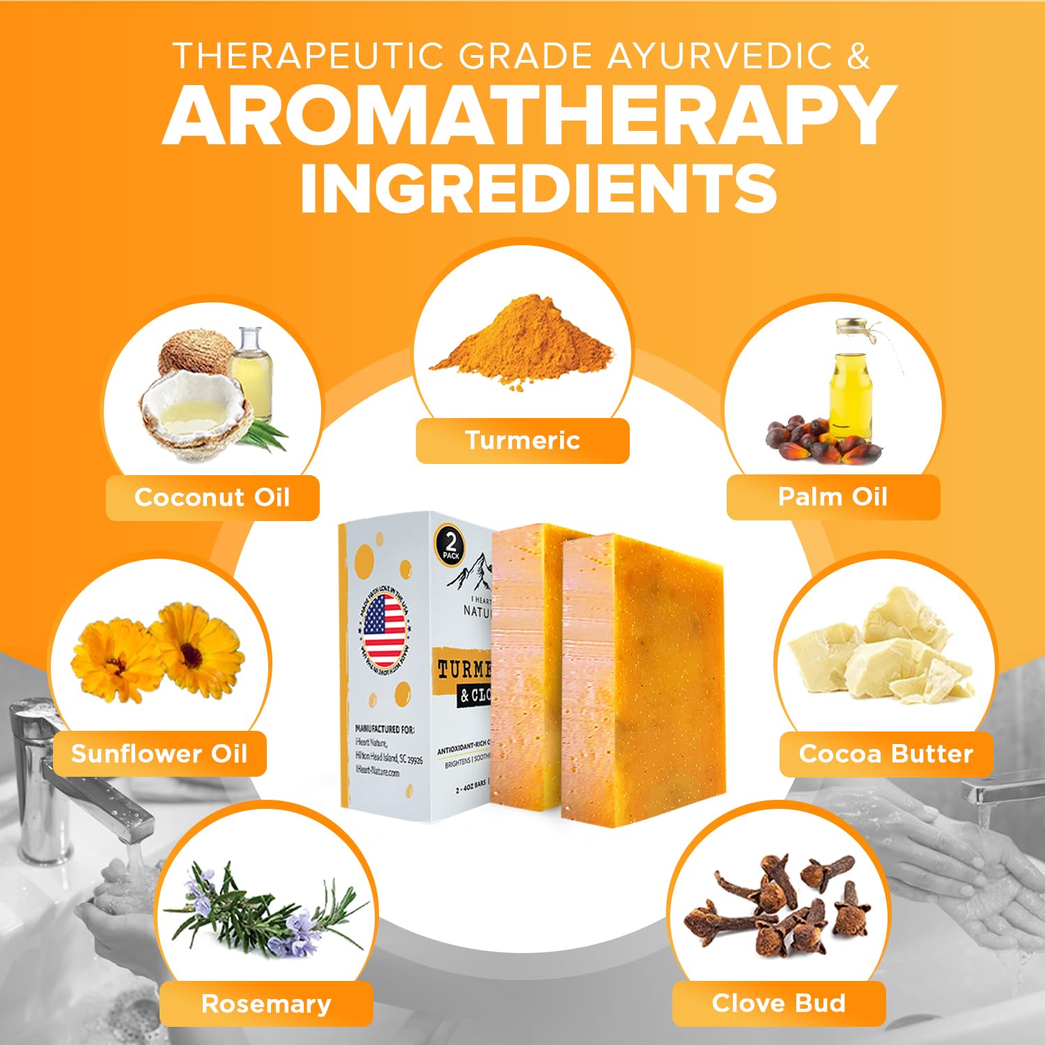 Creamy lather demonstrates gentle cleansing for face and body with iHeart Nature Turmeric Bar Soap.