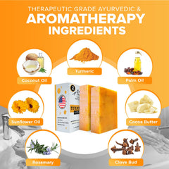 Creamy lather demonstrates gentle cleansing for face and body with iHeart Nature Turmeric Bar Soap.