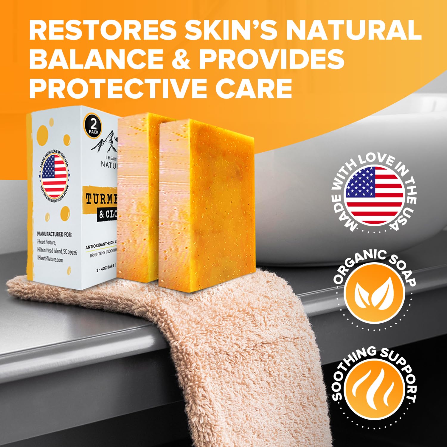 Natural oils and botanical ingredients visible on the soap bar for skin-friendly care.
