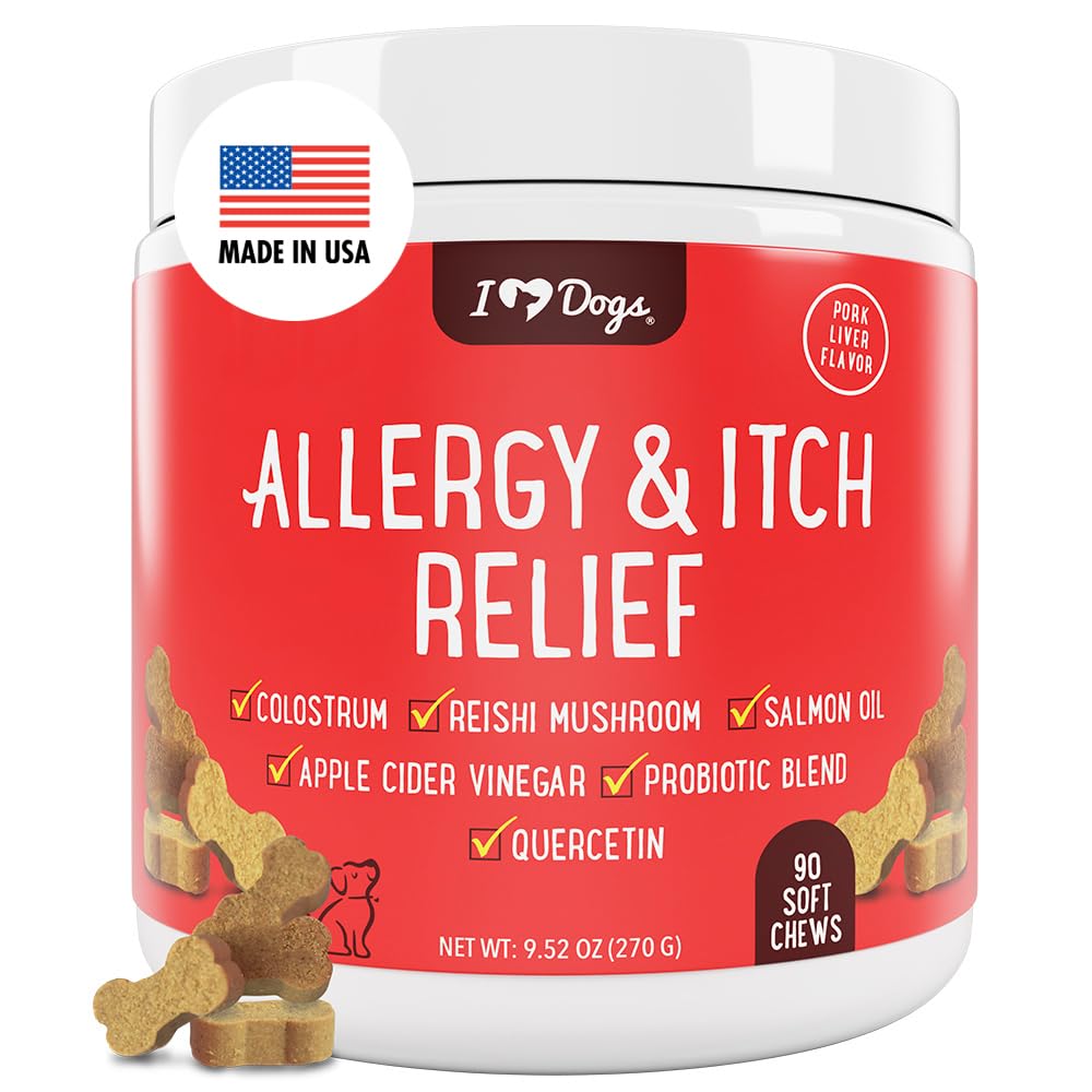 iHeartDogs Allergy & Itch Relief for Dogs bottle showing soothing itching relief