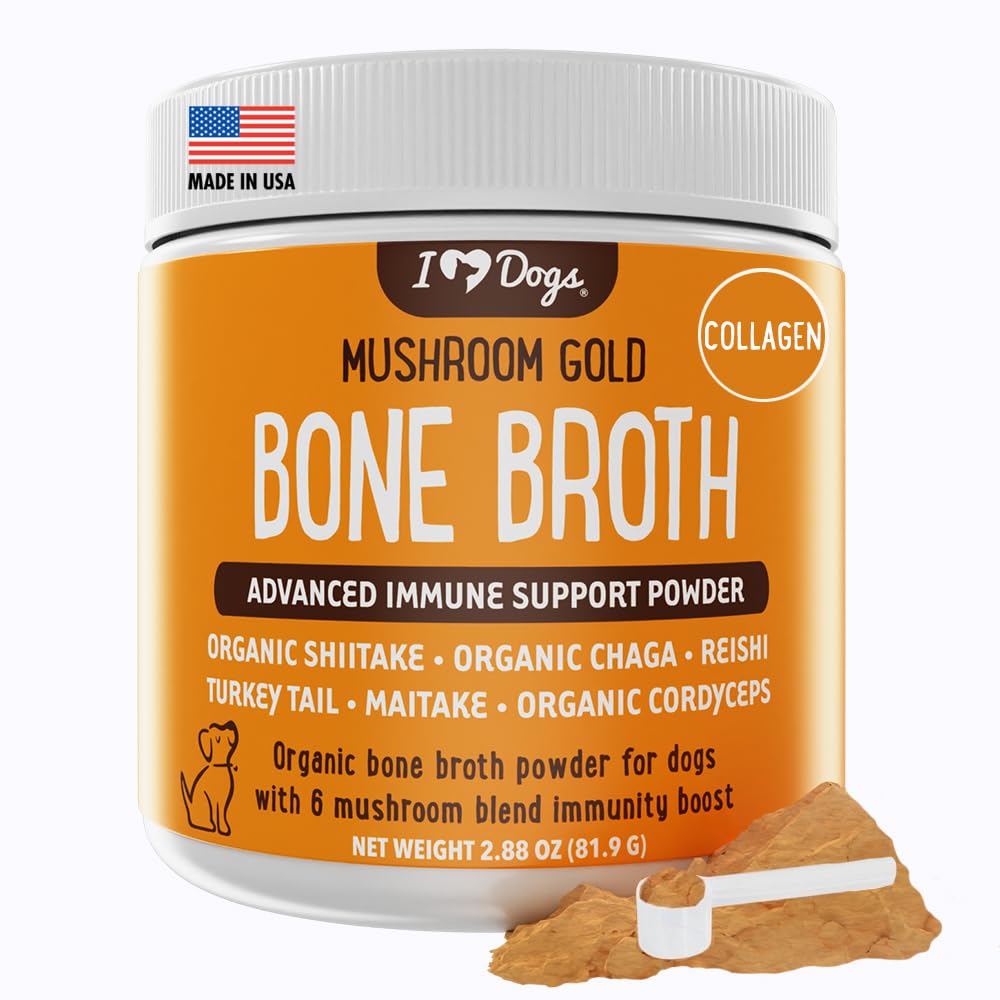 iHeartDogs bone broth powder bottle pour, nourishing joints and digestion.