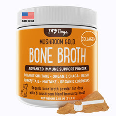 iHeartDogs bone broth powder bottle pour, nourishing joints and digestion.