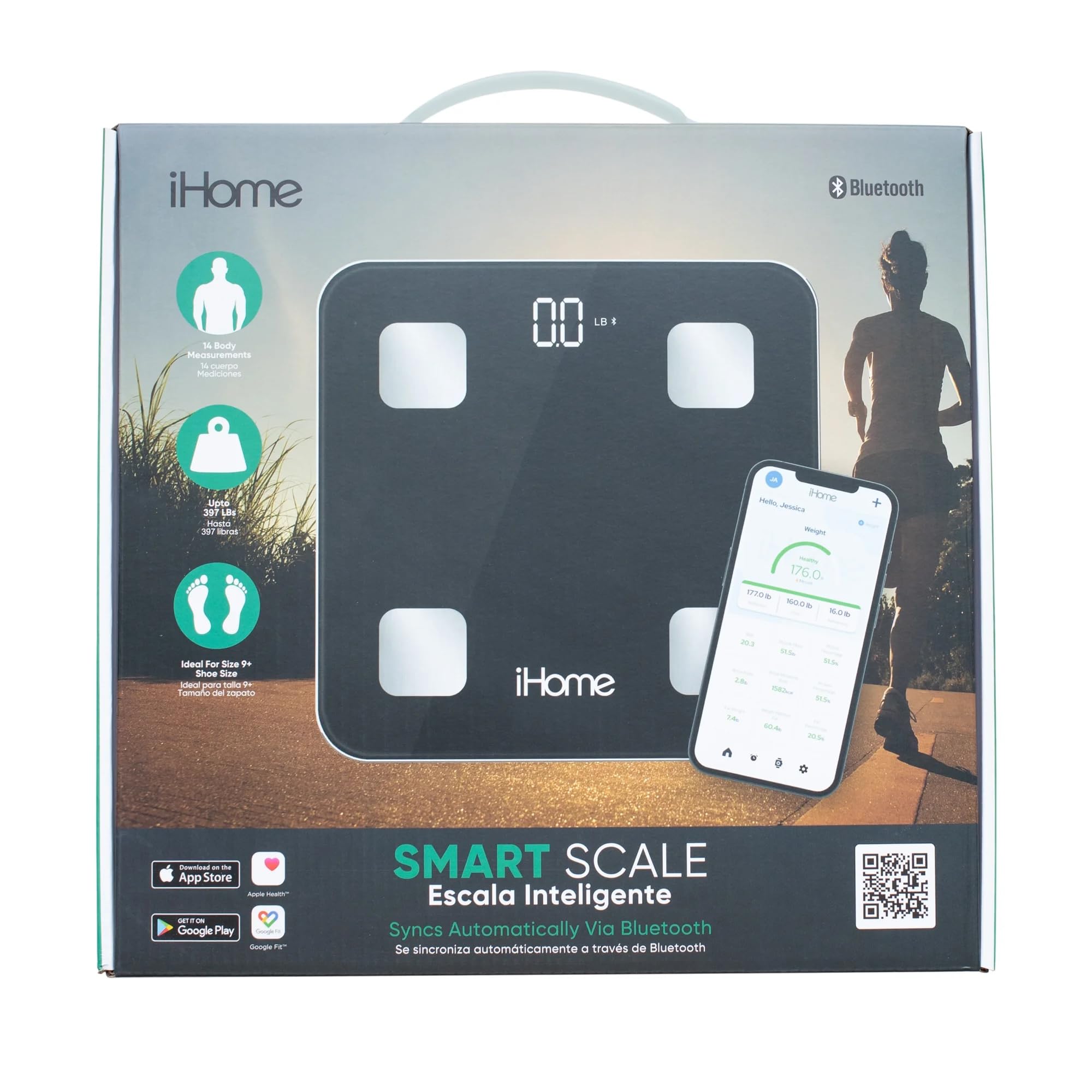 iHome body composition metrics like BMI and body fat at a glance.