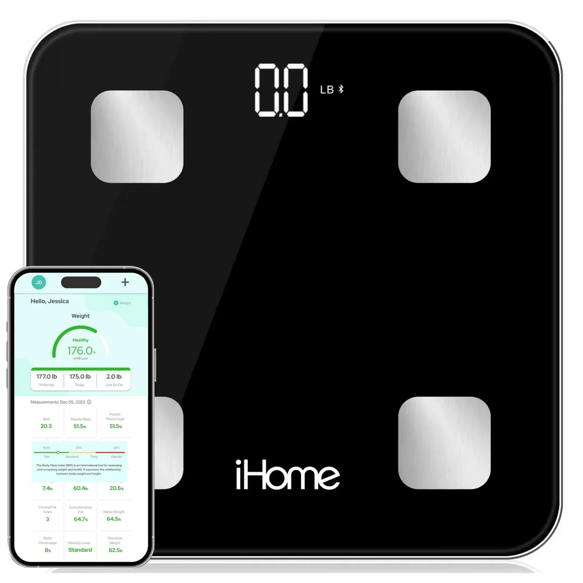 iHome digital scale with tempered glass top for precise daily weight checks.