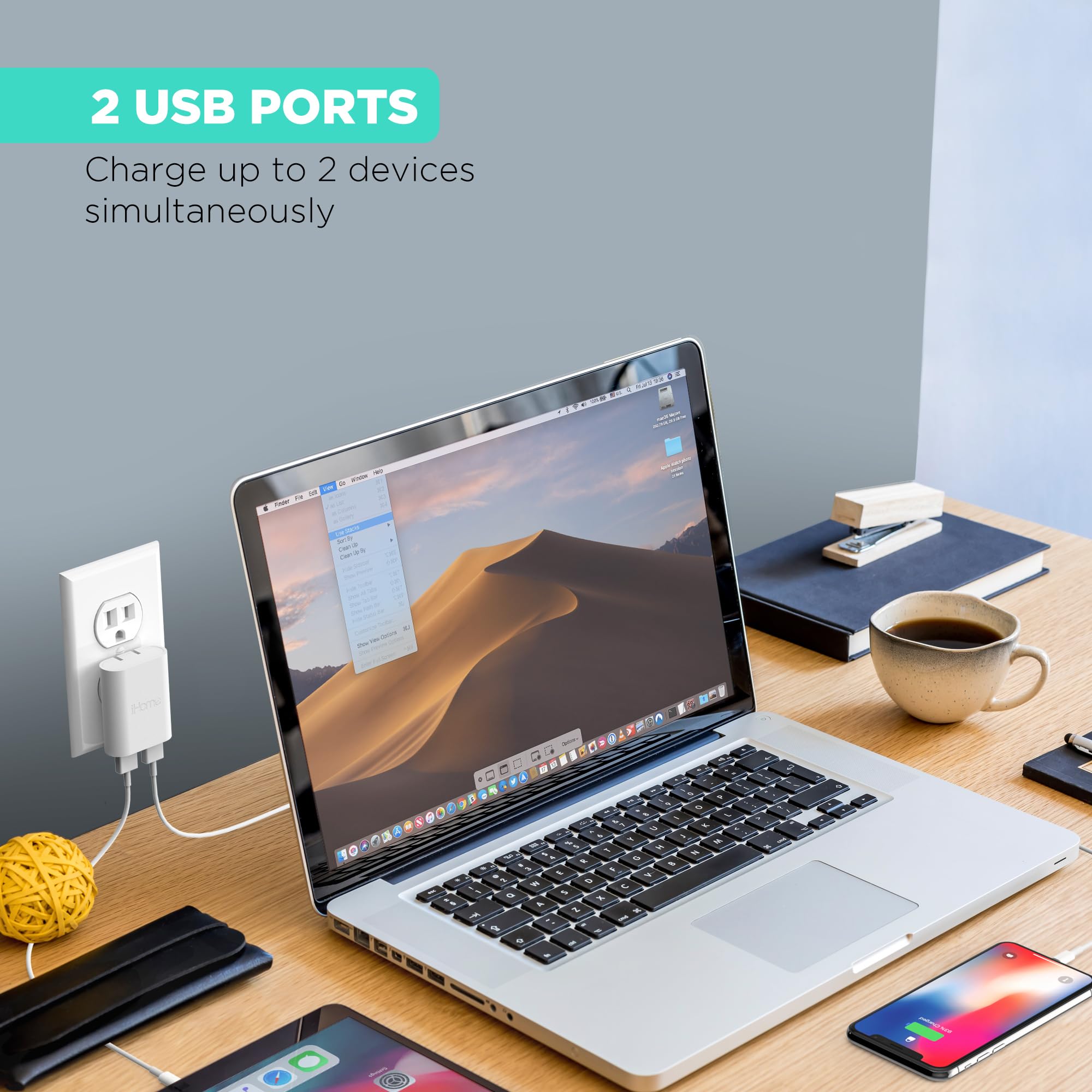 iHome flat USB wall plug design fits behind furniture