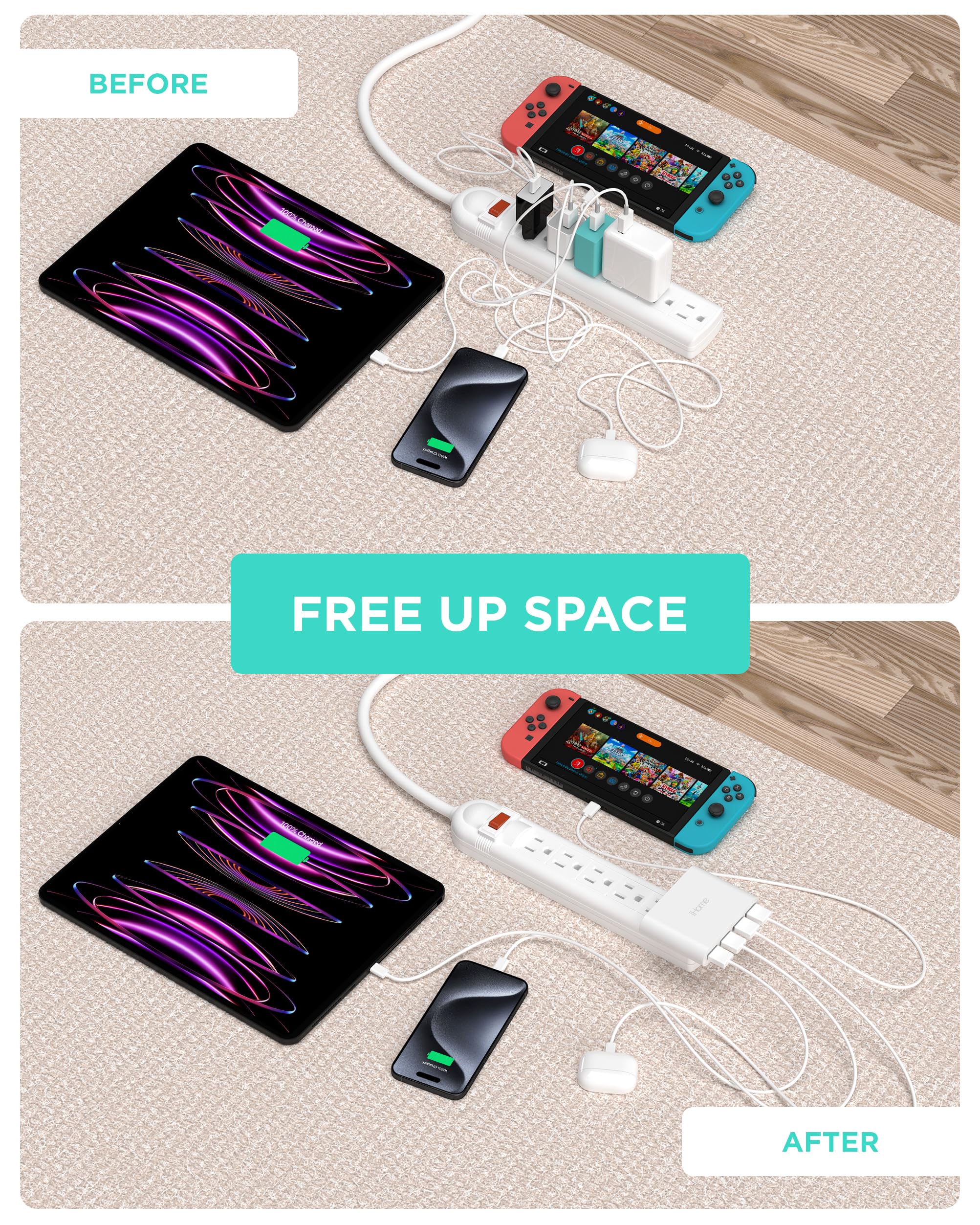 iHome Slim 4-Port USB Charger dorm setup; organized power for multiple gadgets.