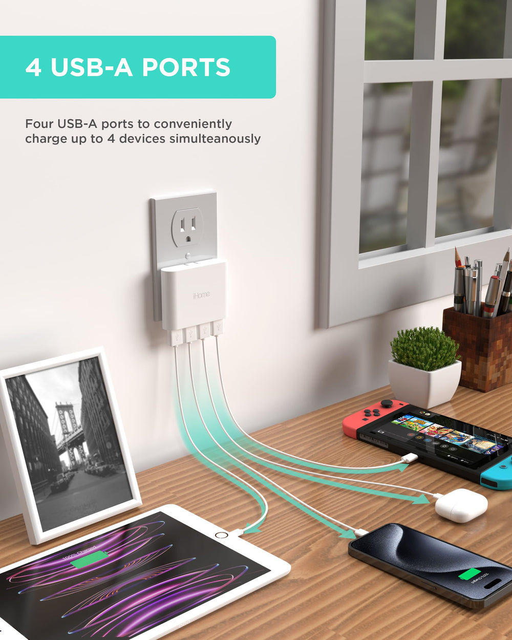 iHome Slim 4-Port USB Charger flat design; fits behind furniture for easy access.