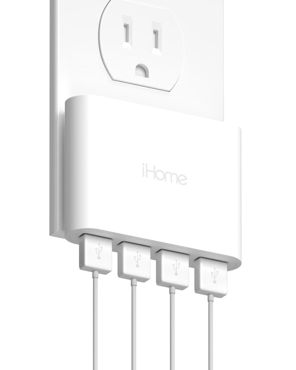 iHome Slim 4-Port USB Charger front view; space-saving charging for four devices.