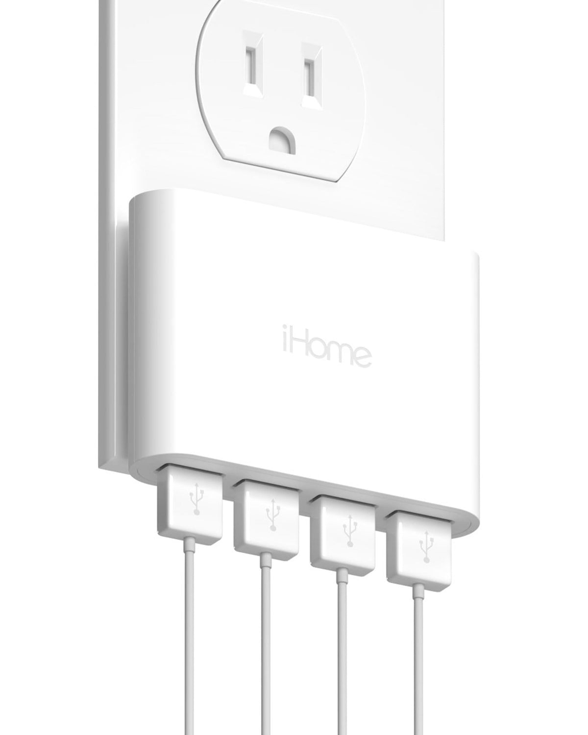 iHome Slim 4-Port USB Charger front view; space-saving charging for four devices.