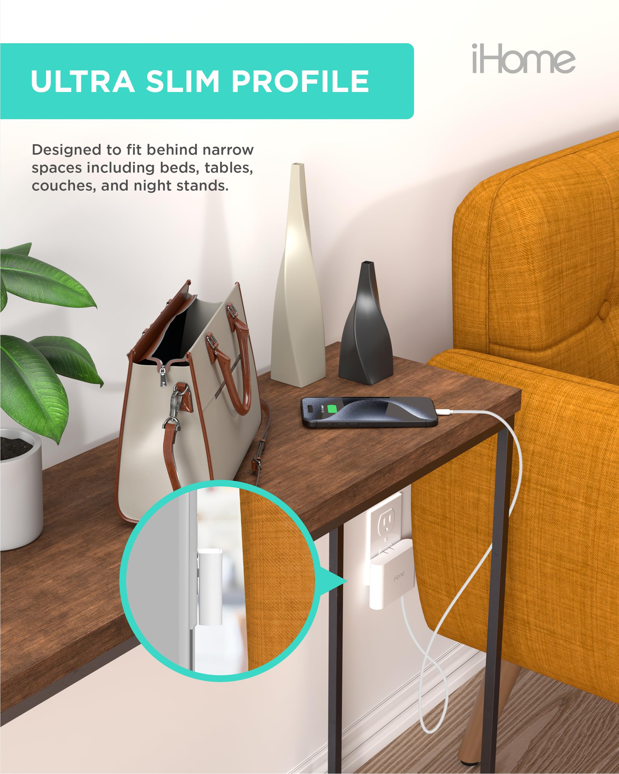 iHome Slim 4-Port USB Charger in-use on a desk setup; charges four devices.