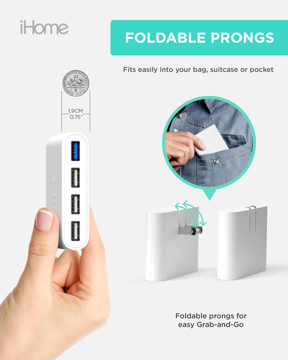 iHome Slim 4-Port USB Charger travel-ready; ideal for hotel stays and trips.