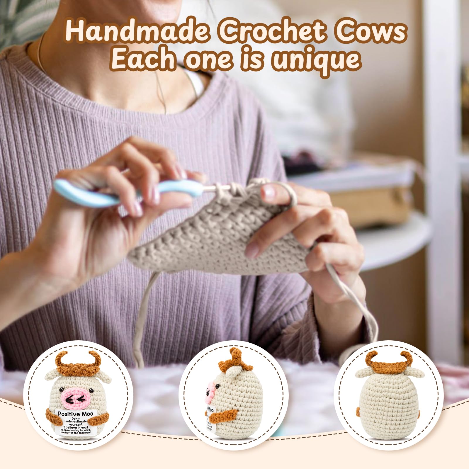 IIGLOWING crochet cow desk display promotes daily inspiration and friendly ambience.