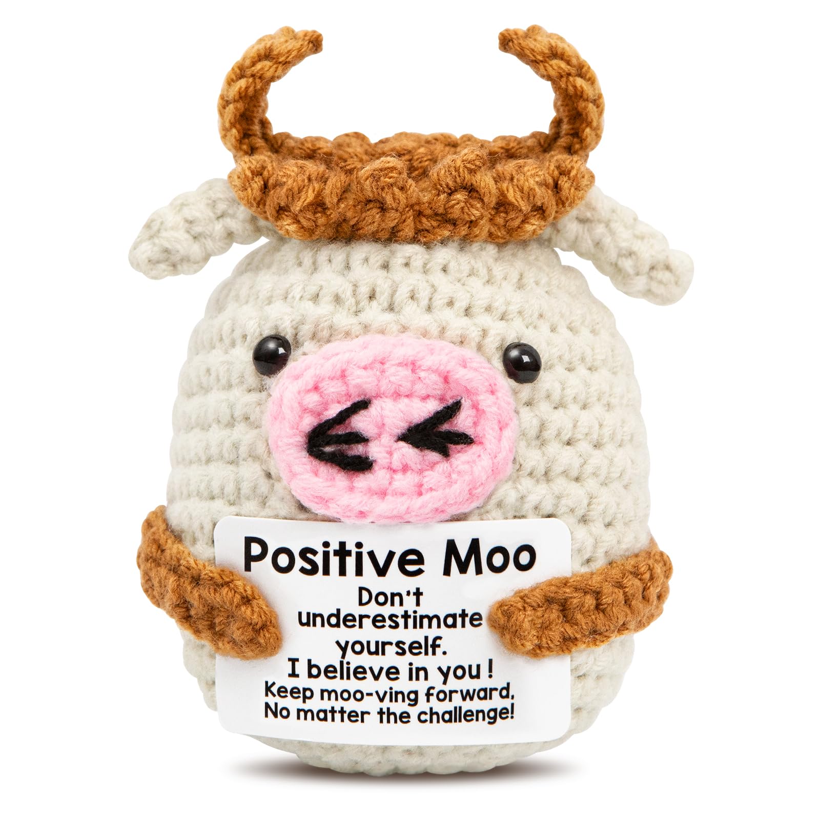 IIGLOWING mini positive crochet cow front face brightens a desk with cheerful vibes.