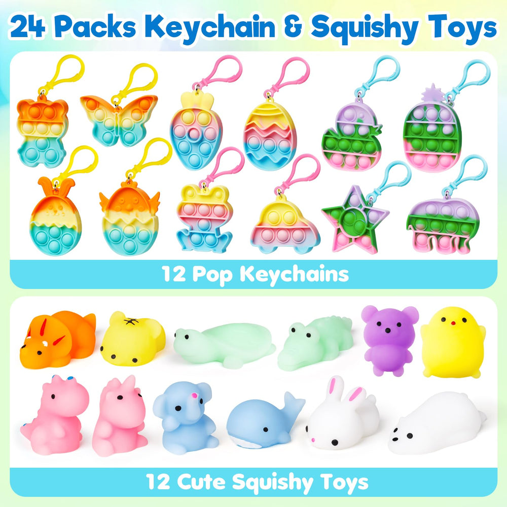 IJIGU eggs reveal assorted squishy toys and bubble keychains inside.