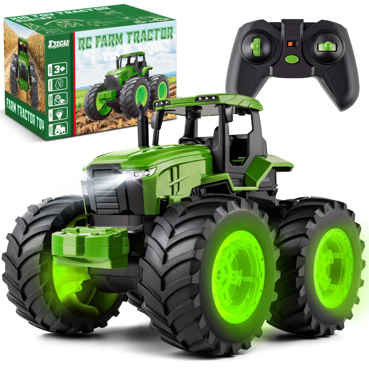 IJIGU remote control tractor toy with glowing lights for indoor and outdoor play