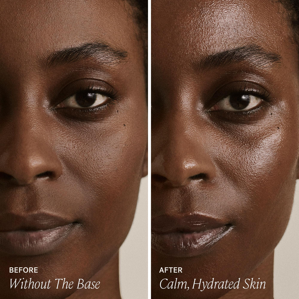 Hand applying ILIA The Base Face Milk Essence demonstrates easy layering with makeup base.