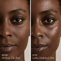 Hand applying ILIA The Base Face Milk Essence demonstrates easy layering with makeup base.