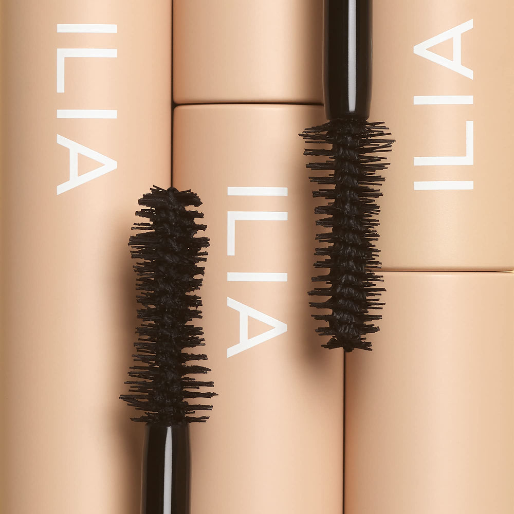 ILIA mascara tube close-up highlighting clean, fragrance-free formula