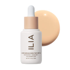 ILIA Super Serum Skin Tint bottle closeup showing mineral SPF protection