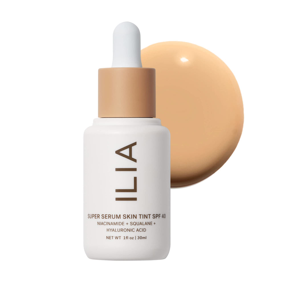 ILIA Super Serum Skin Tint SPF 40 bottle with dewy vegan finish