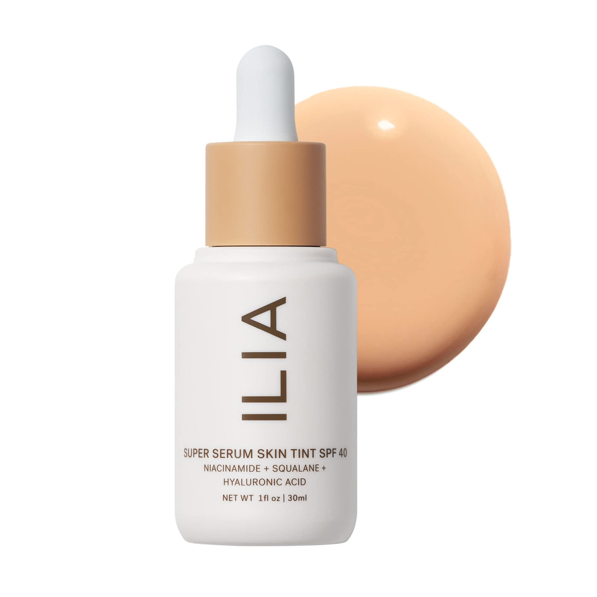 ILIA super-serum-skin-tint-spf40 bottle close-up with dewy finish and protection