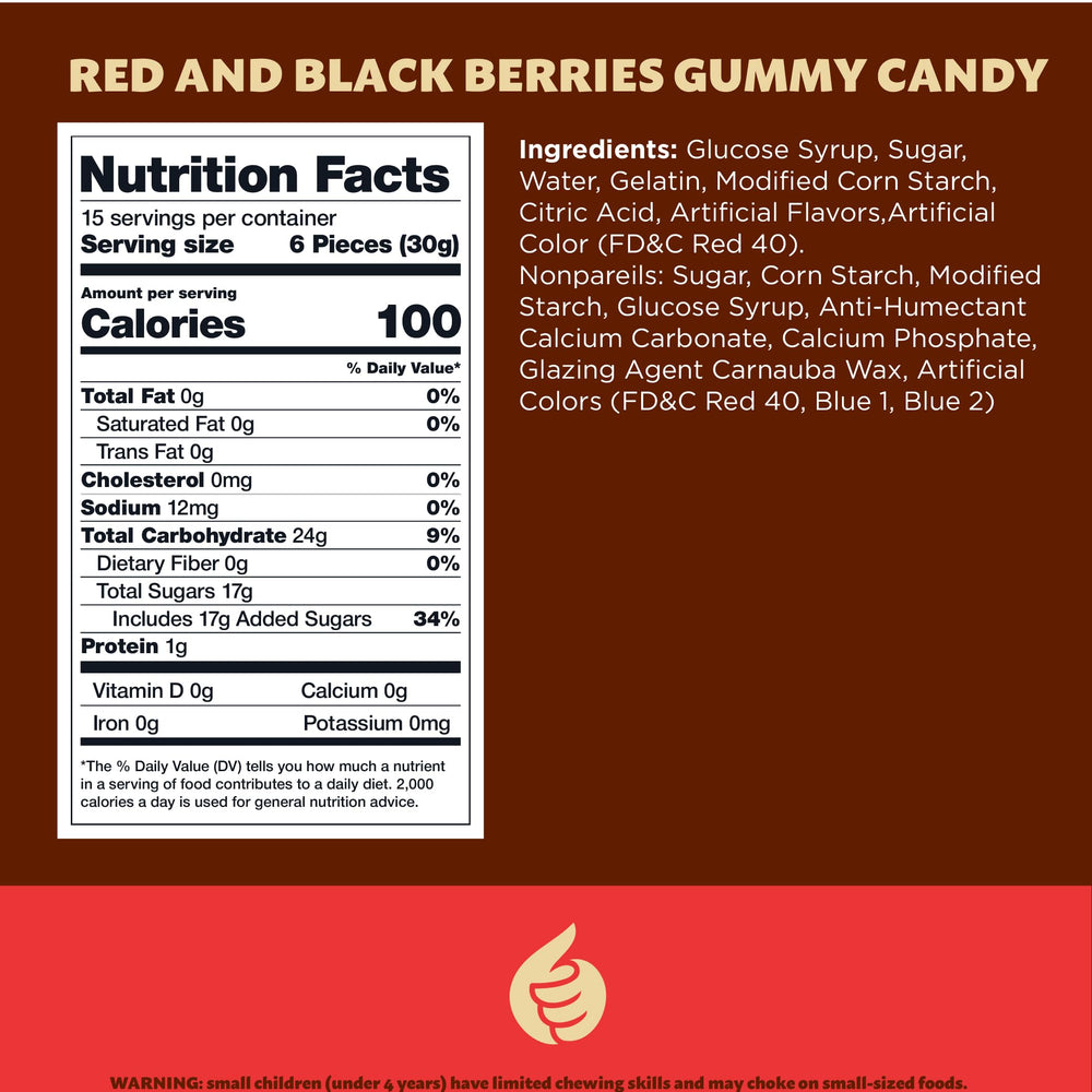 Closeup of red and black gummies—delightful texture for snacking and dessert toppings.