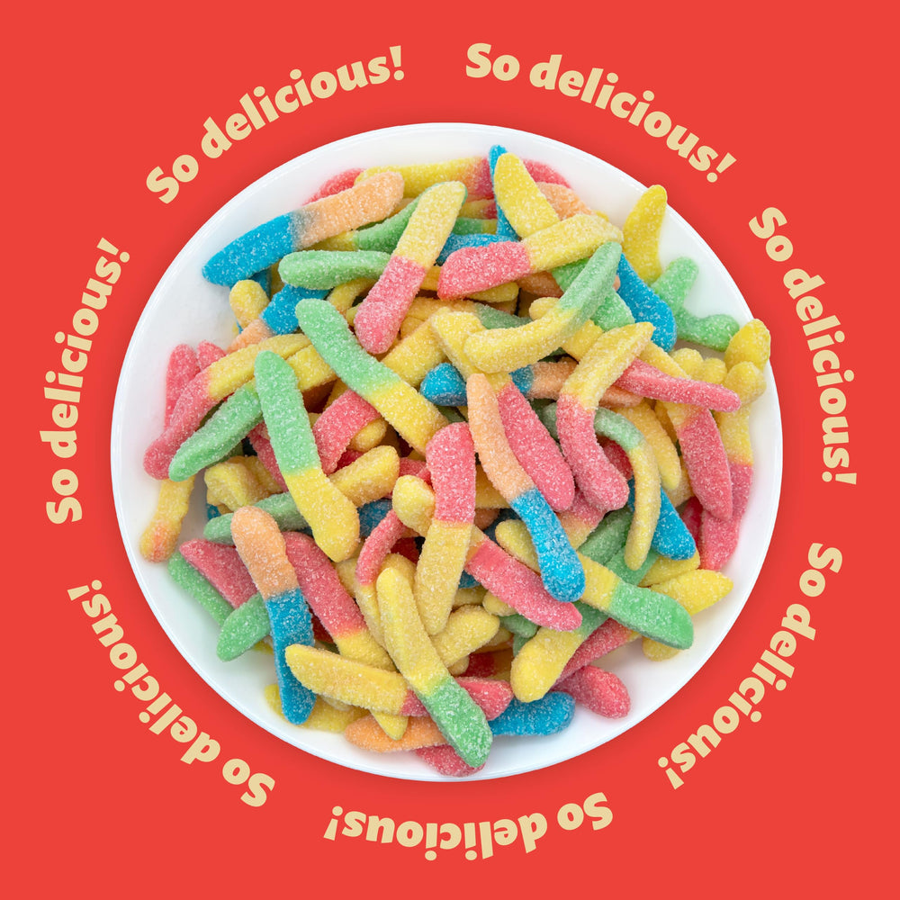 ILIKE! Neon Sour Gummy Worms soft, chewy texture ideal for snacking.