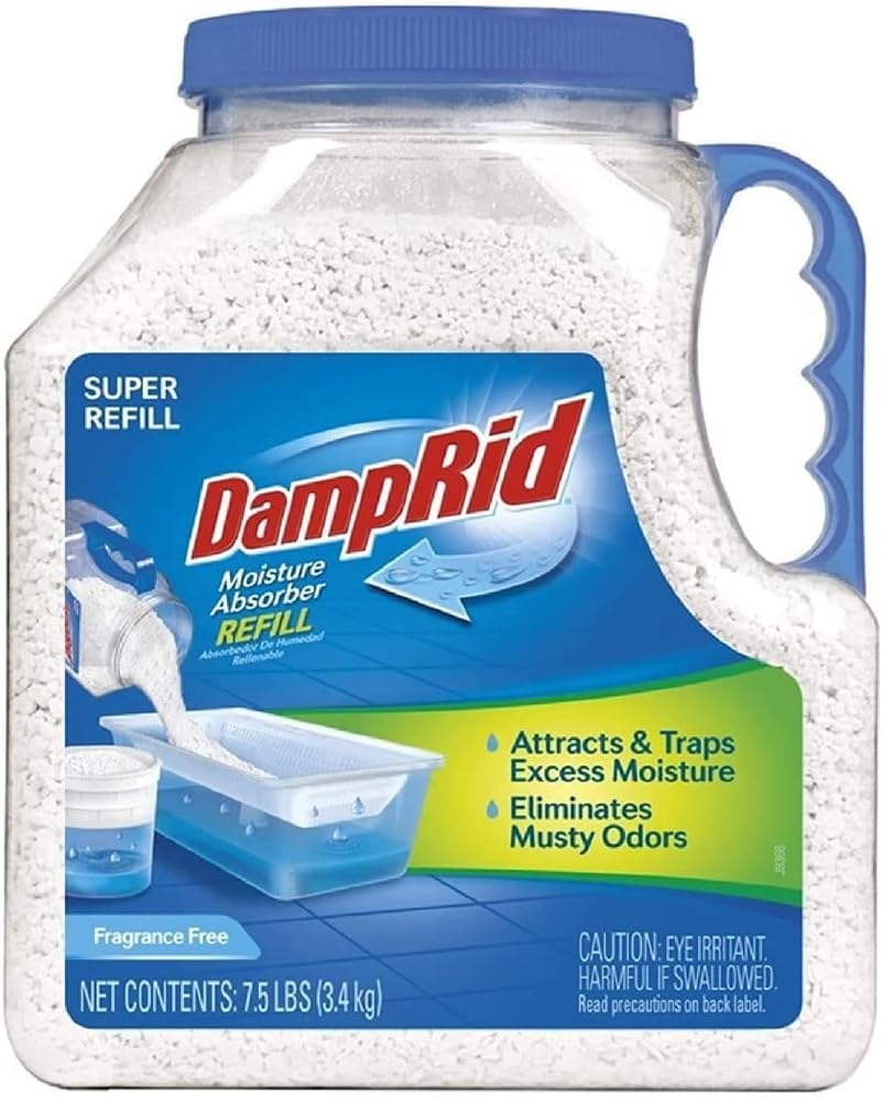 ILIOS DampRid fragrance-free crystals absorbing moisture in basement or closet space for odor control