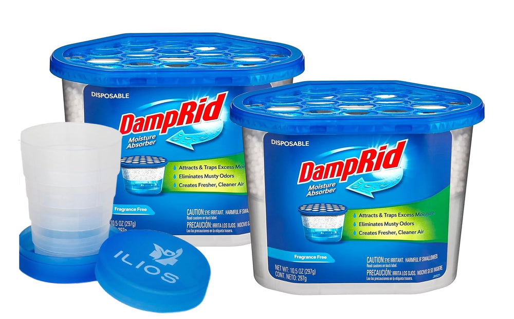 ILIOS Damp Rid fragrance-free bucket close-up showing moisture-absorbing material